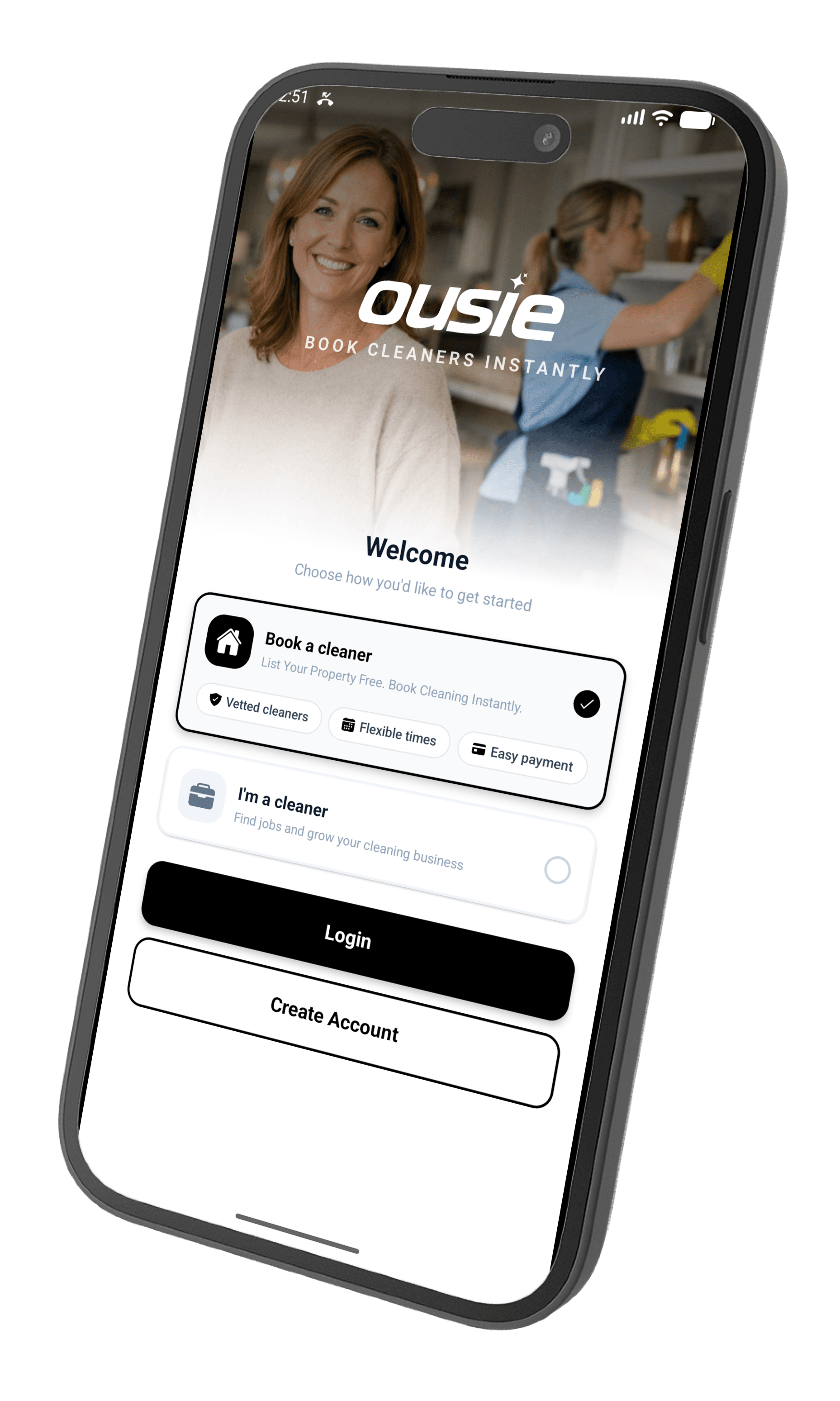 Ousie welcome screen with account options