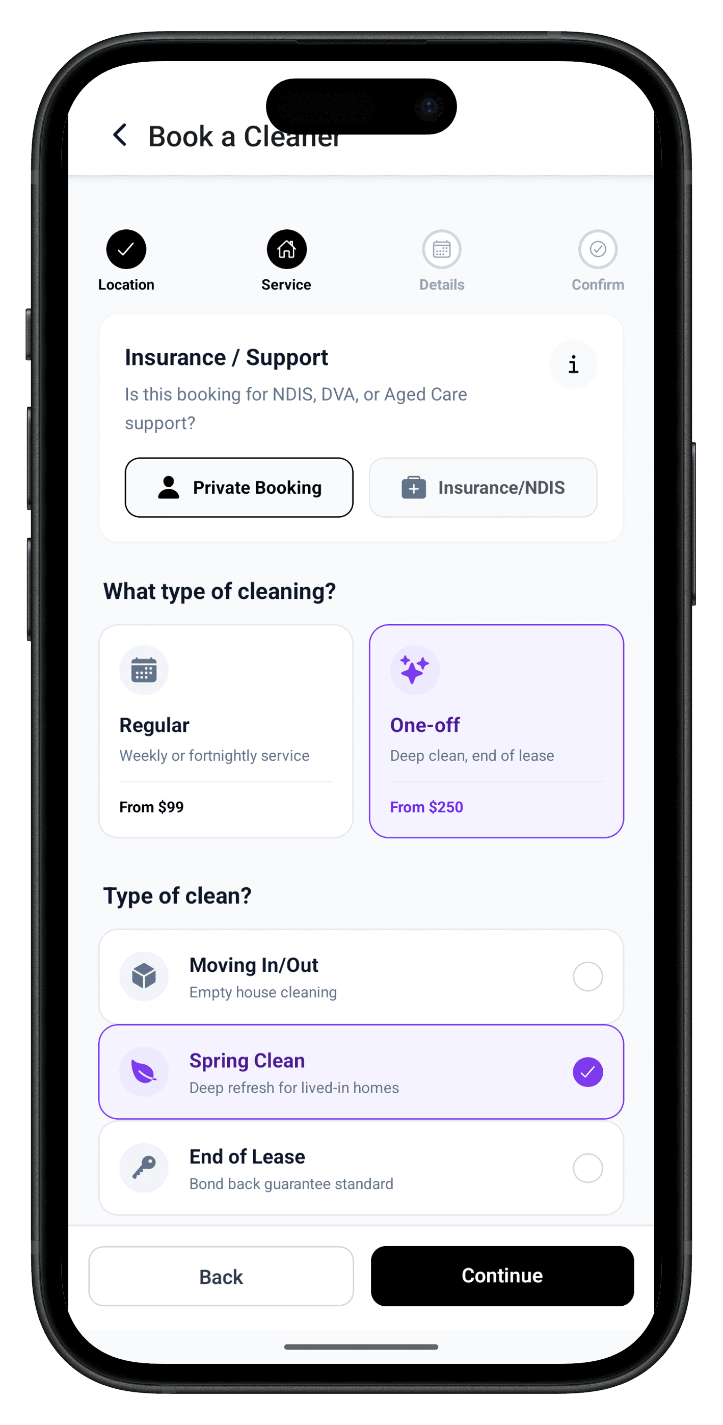 Ousie job posting screen showing cleaning details